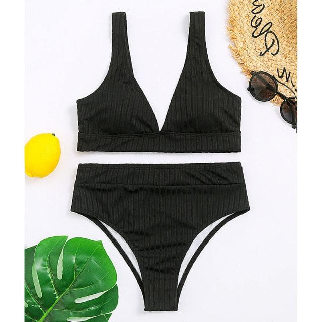 Stylish High Waist Bikini Set for Women - V-Neck Ribbed Swimwear - Korvel