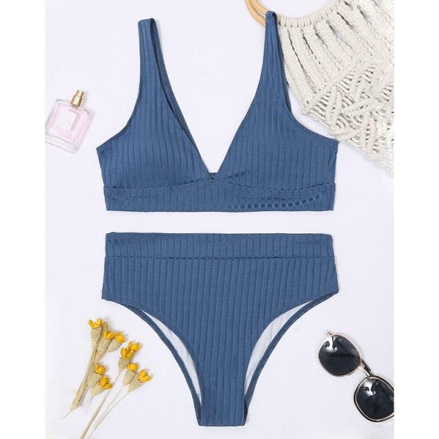 Stylish High Waist Bikini Set for Women - V-Neck Ribbed Swimwear - Korvel