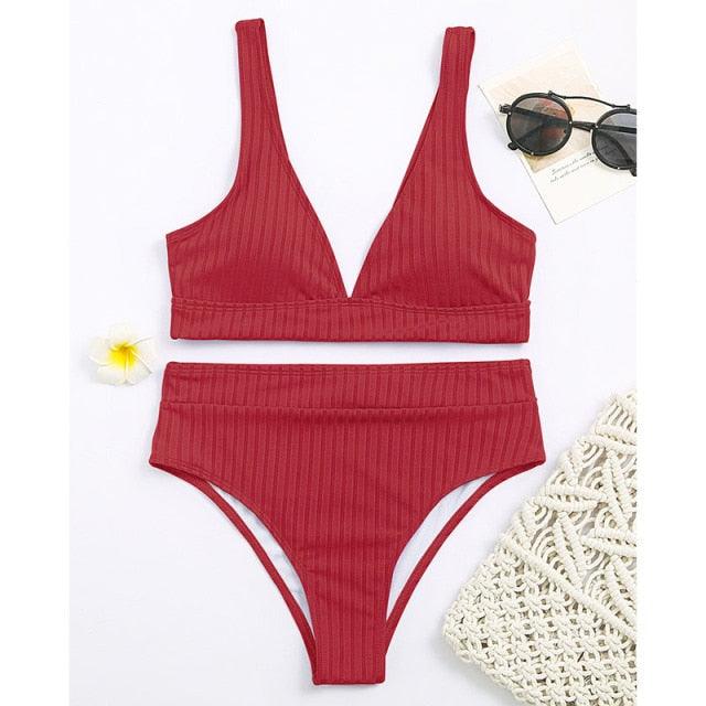 Stylish High Waist Bikini Set for Women - V-Neck Ribbed Swimwear - Korvel
