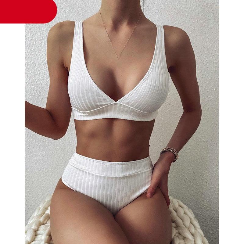 Stylish High Waist Bikini Set for Women - V-Neck Ribbed Swimwear - Korvel