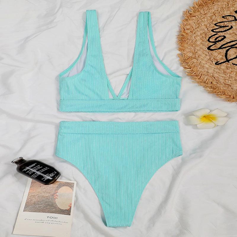 Stylish High Waist Bikini Set for Women - V-Neck Ribbed Swimwear - Korvel