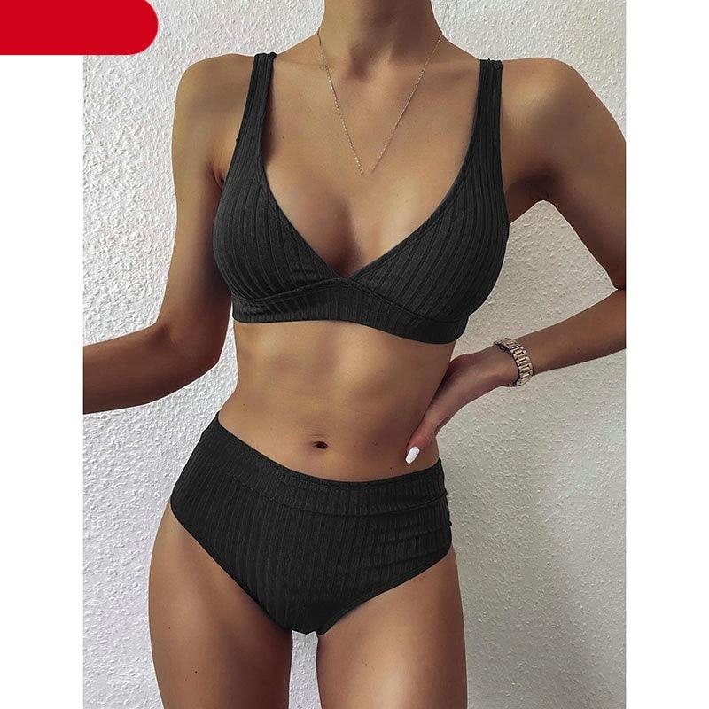 Stylish High Waist Bikini Set for Women - V-Neck Ribbed Swimwear - Korvel