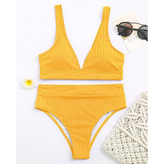 Stylish High Waist Bikini Set for Women - V-Neck Ribbed Swimwear - Korvel