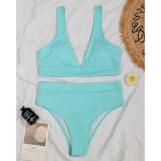 Stylish High Waist Bikini Set for Women - V-Neck Ribbed Swimwear - Korvel