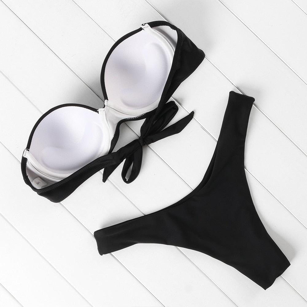 High Cut Solid Bikini Set with Underwire and Leopard Print