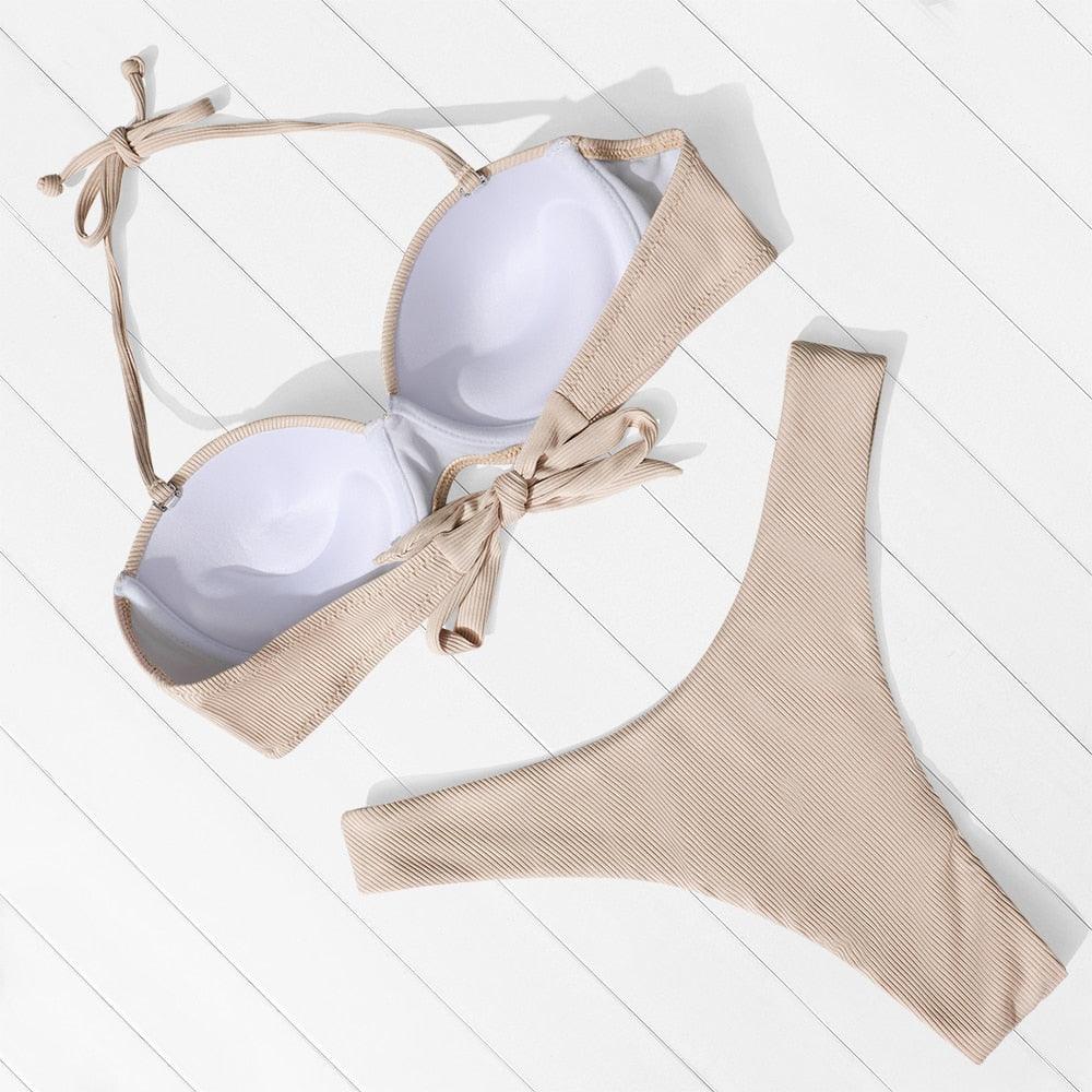 High Cut Solid Bikini Set with Underwire and Leopard Print
