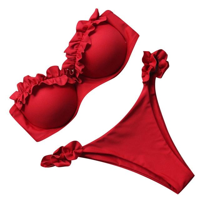 High Cut Solid Bikini Set with Underwire and Leopard Print