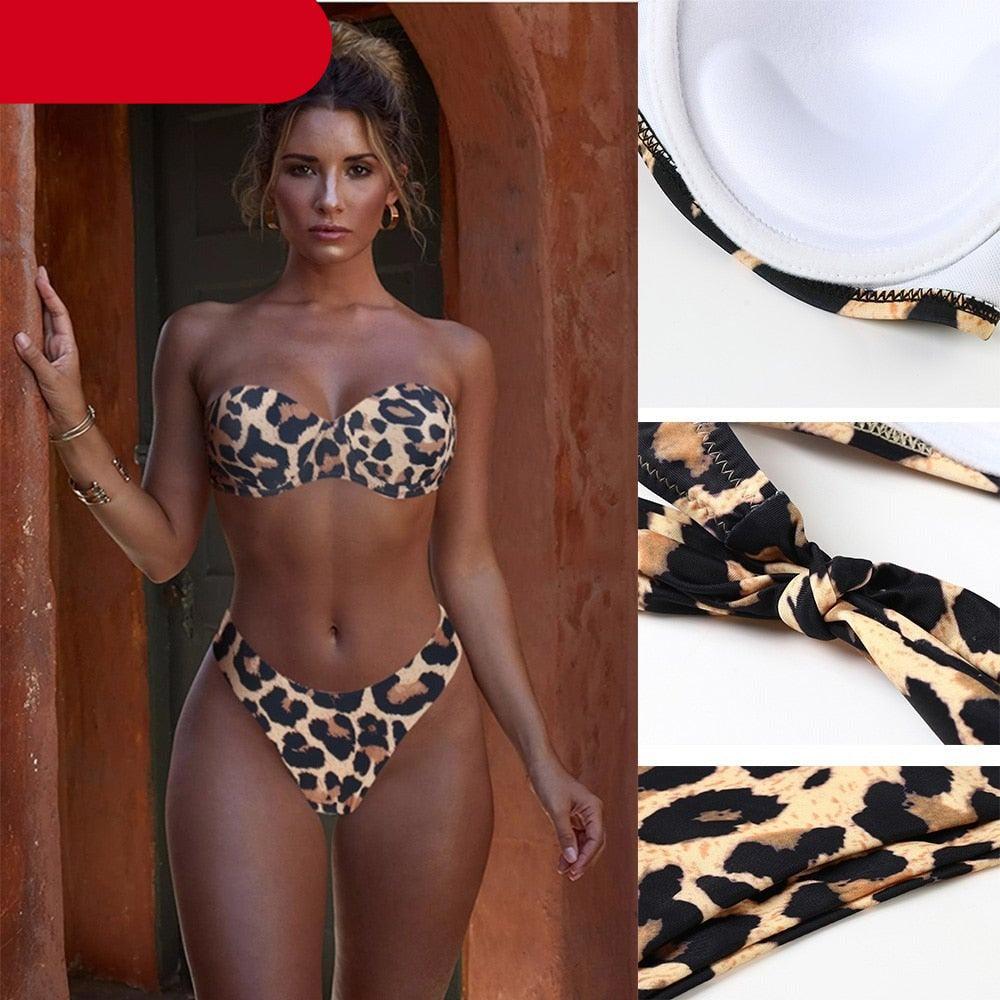 High Cut Solid Bikini Set with Underwire and Leopard Print