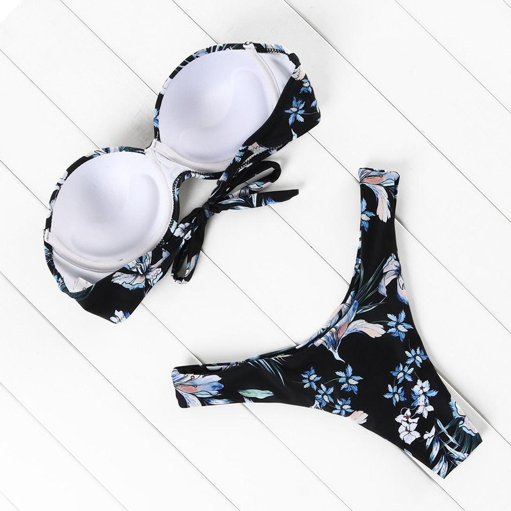 High Cut Solid Bikini Set with Underwire and Leopard Print