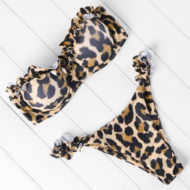 High Cut Solid Bikini Set with Underwire and Leopard Print