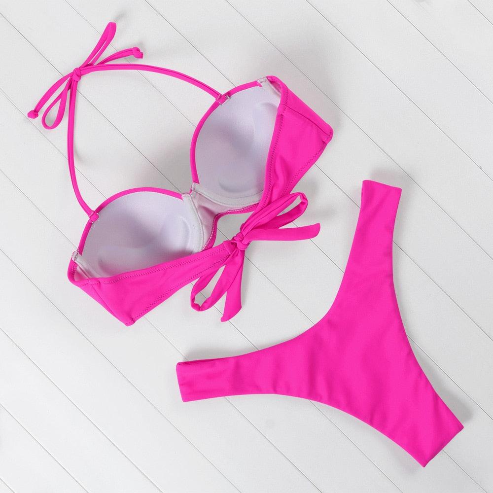 High Cut Solid Bikini Set with Underwire and Leopard Print