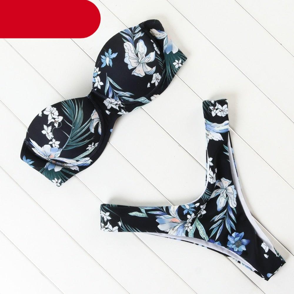 High Cut Solid Bikini Set with Underwire and Leopard Print