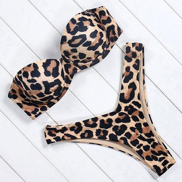 High Cut Solid Bikini Set with Underwire and Leopard Print