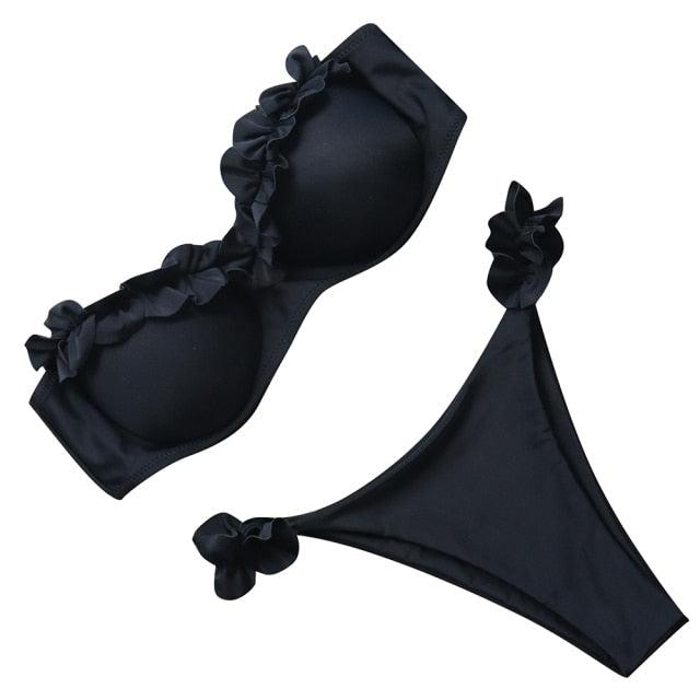 High Cut Solid Bikini Set with Underwire and Leopard Print
