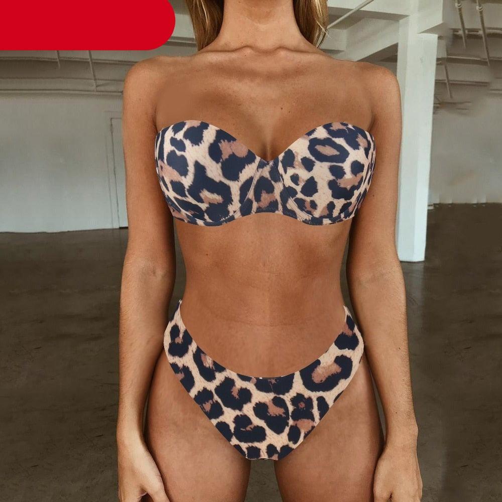 High Cut Solid Bikini Set with Underwire and Leopard Print