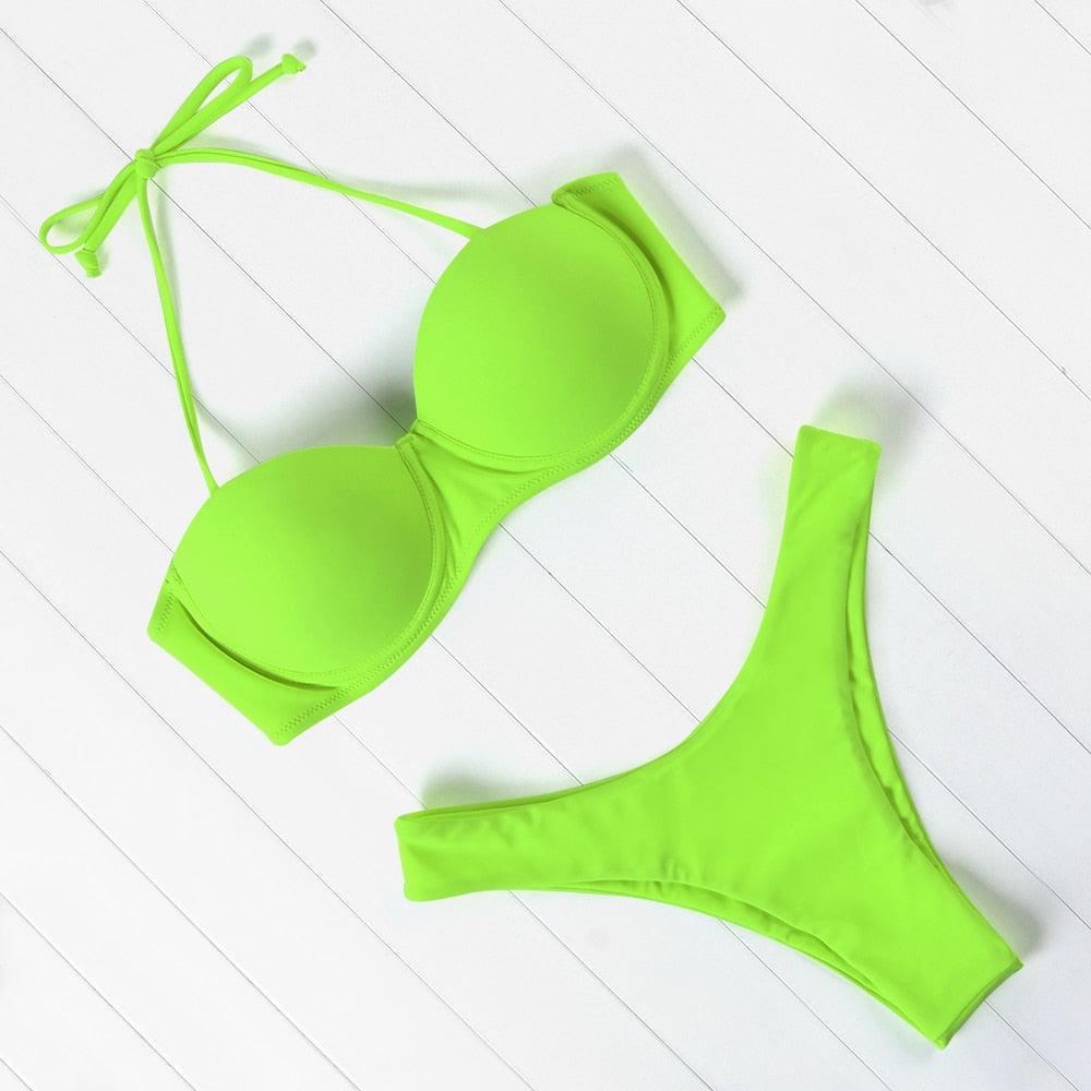 High Cut Solid Bikini Set with Underwire and Leopard Print