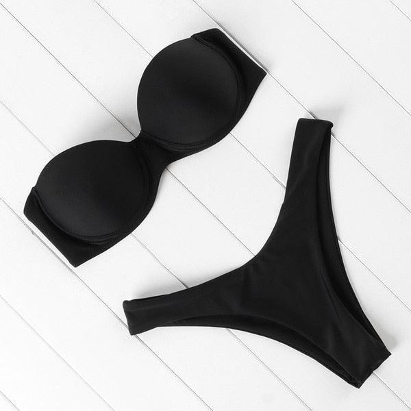 High Cut Solid Bikini Set with Underwire and Leopard Print