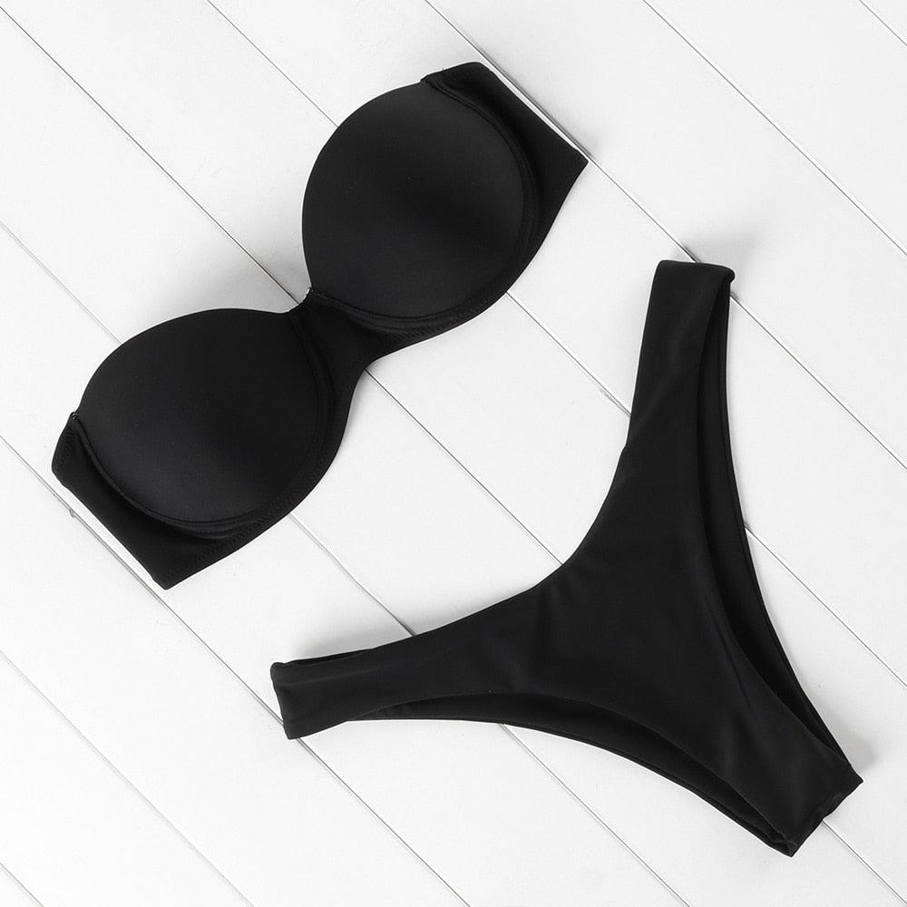 High Cut Solid Bikini Set with Underwire and Leopard Print