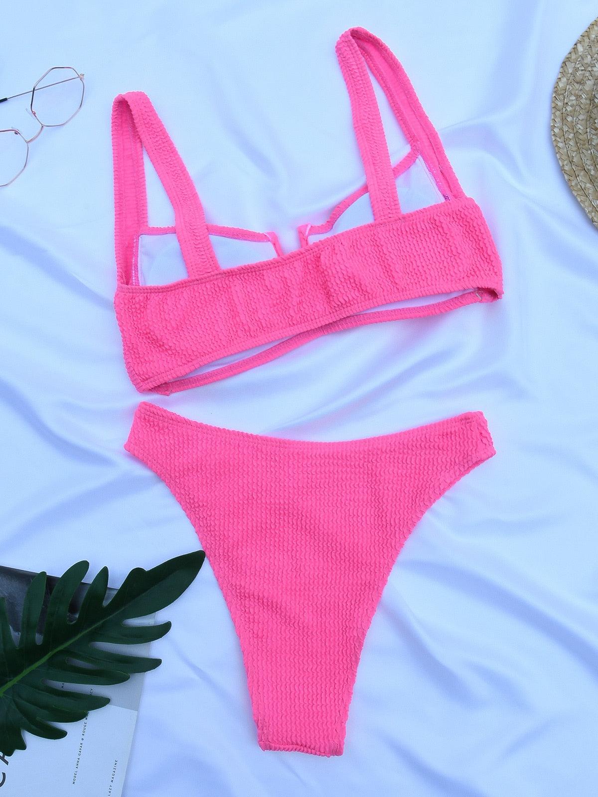 Conjunto de Bikini de Corte Alto en Color Sólido para Mujeres