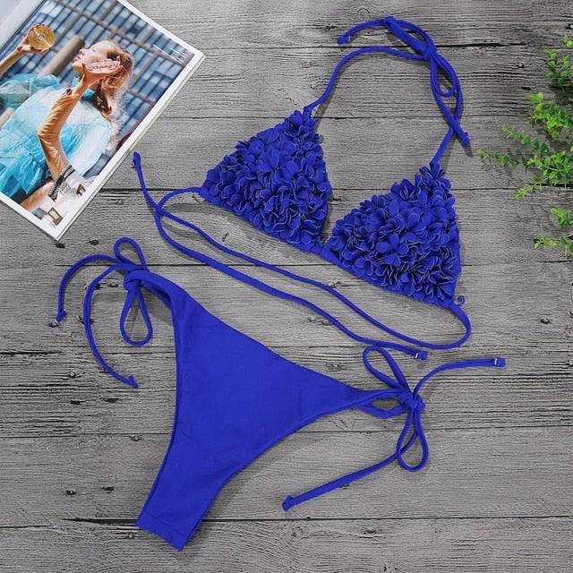Ensemble de bikini solide à fleurs 3D élégant pour femmes