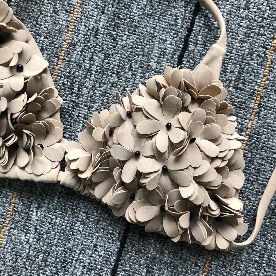 Ensemble de bikini solide à fleurs 3D élégant pour femmes