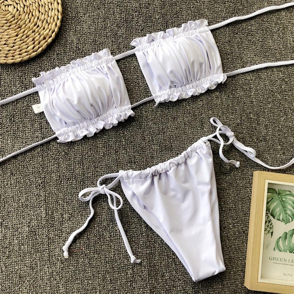Ensemble de bikini à volants et liens latéraux pour femmes - Maillots de bain premium