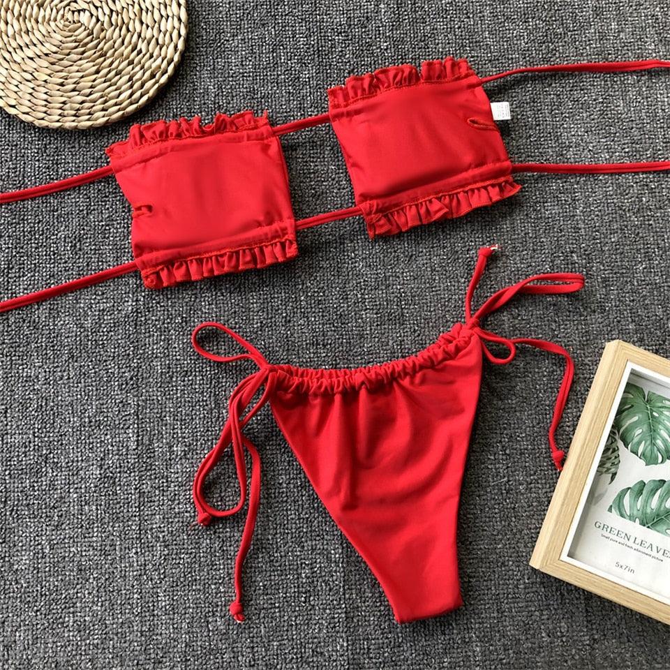 Ensemble de bikini à volants et liens latéraux pour femmes - Maillots de bain premium
