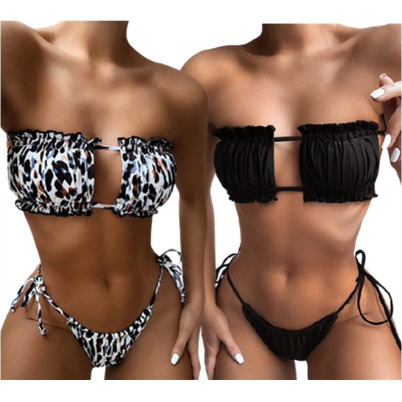 Ensemble de bikini à volants et liens latéraux pour femmes - Maillots de bain premium