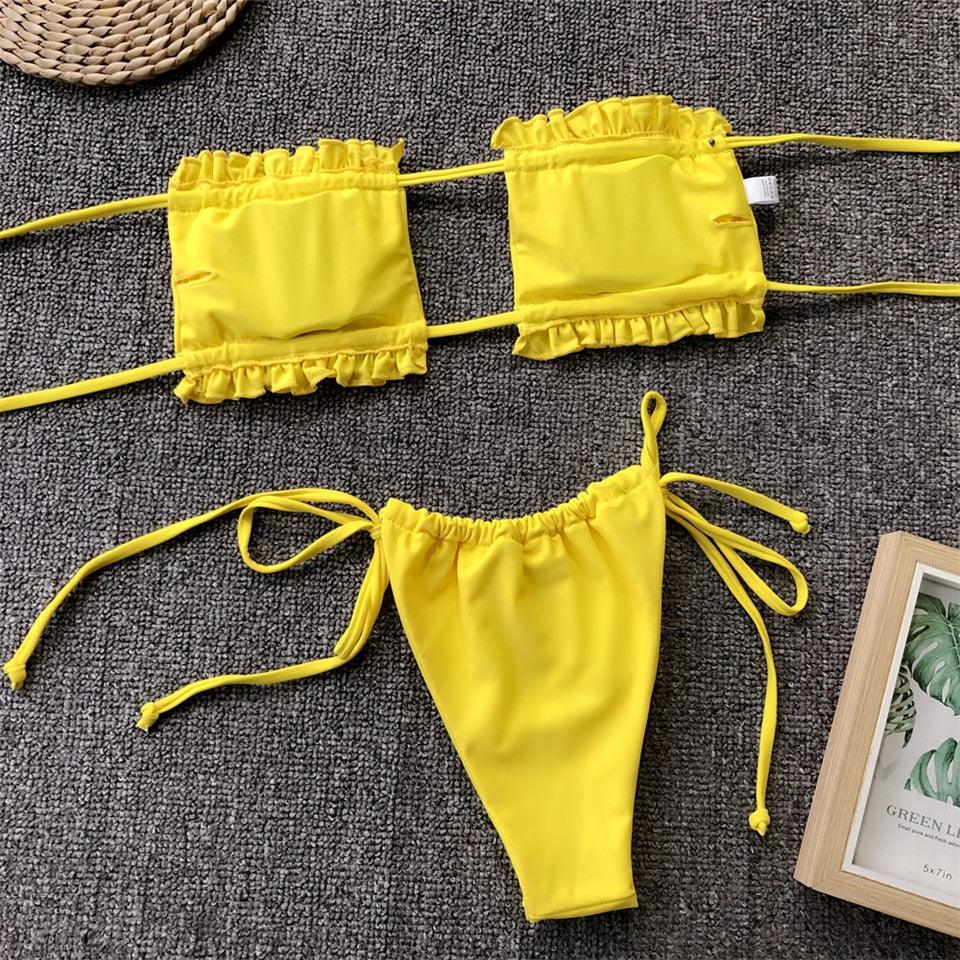 Ensemble de bikini à volants et liens latéraux pour femmes - Maillots de bain premium