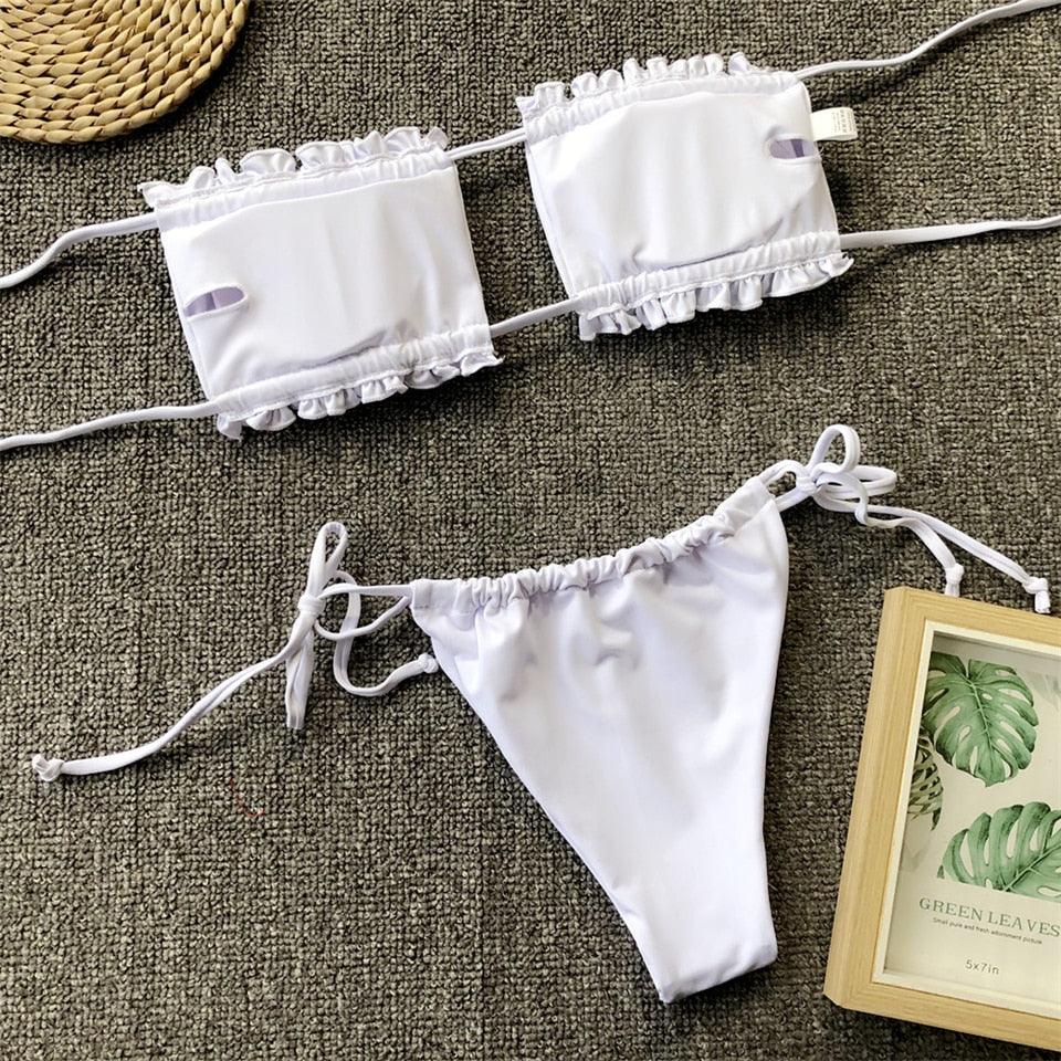 Ensemble de bikini à volants et liens latéraux pour femmes - Maillots de bain premium