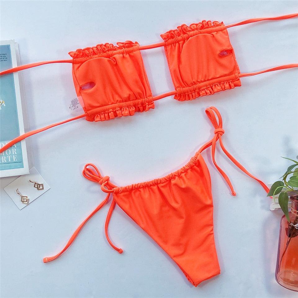 Ensemble de bikini à volants et liens latéraux pour femmes - Maillots de bain premium