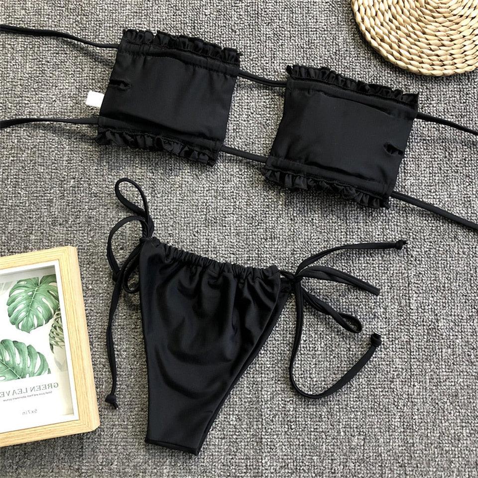 Ensemble de bikini à volants et liens latéraux pour femmes - Maillots de bain premium
