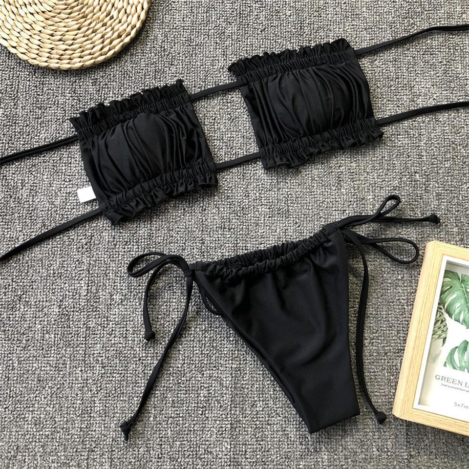 Ensemble de bikini à volants et liens latéraux pour femmes - Maillots de bain premium