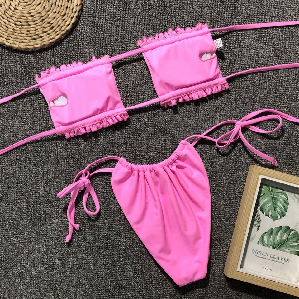 Ensemble de bikini à volants et liens latéraux pour femmes - Maillots de bain premium