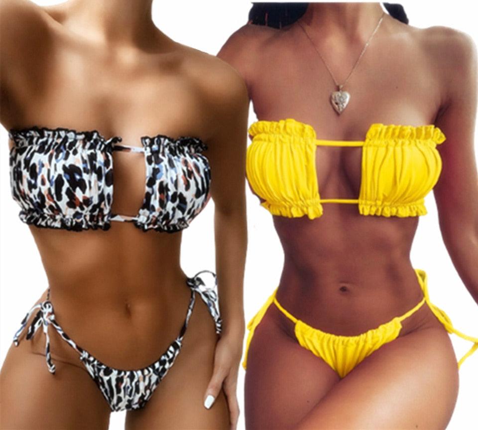 Ensemble de bikini à volants et liens latéraux pour femmes - Maillots de bain premium