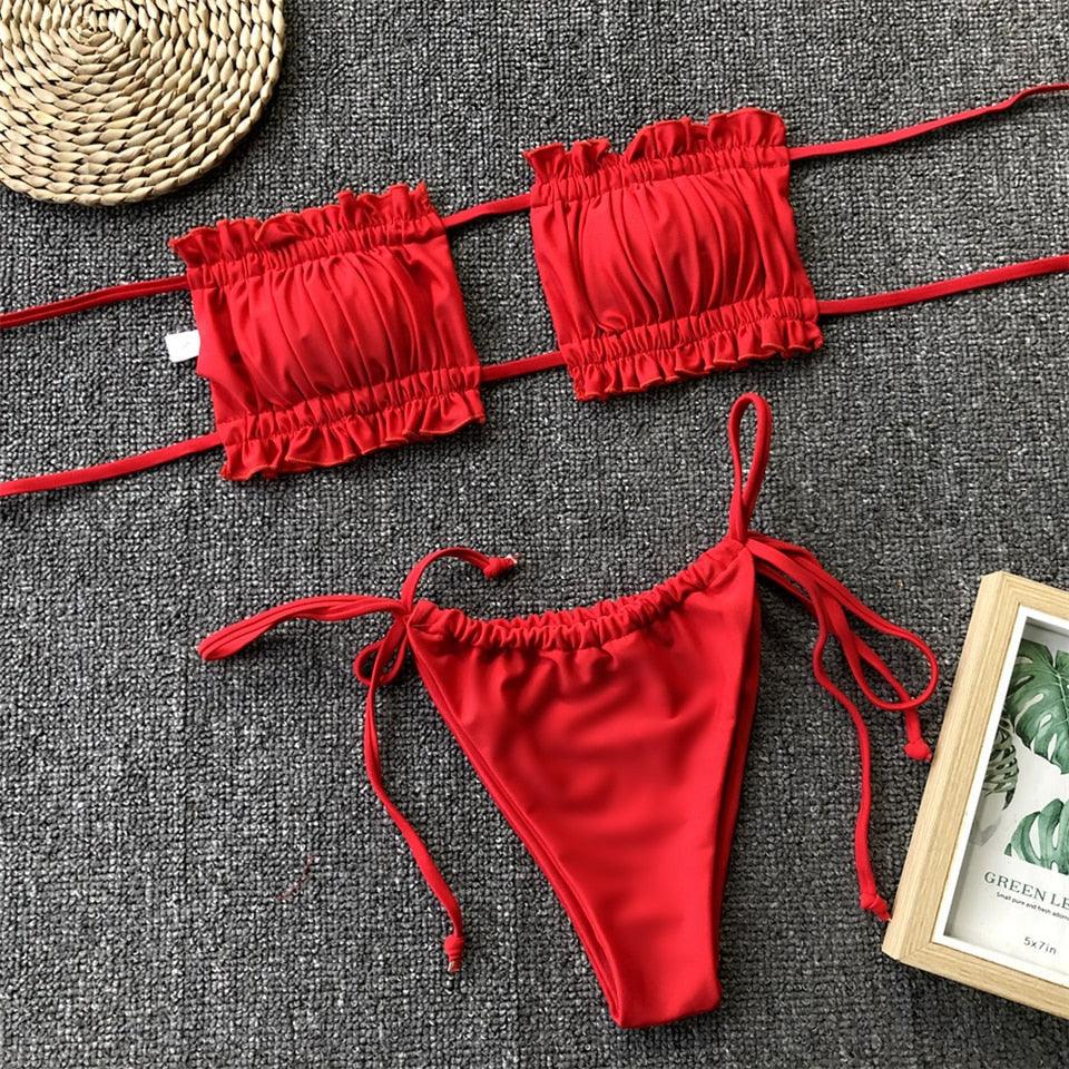 Ensemble de bikini à volants et liens latéraux pour femmes - Maillots de bain premium