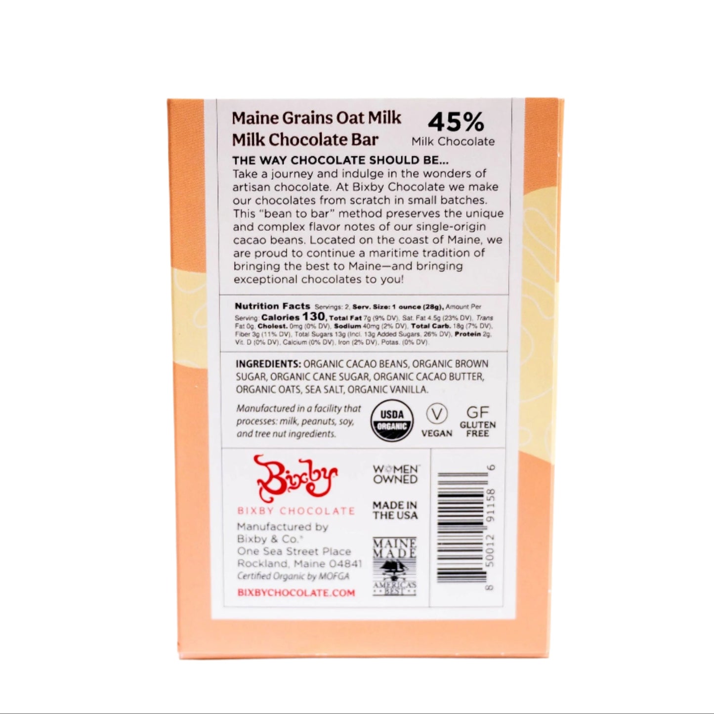 Barra de chocolate con leche y avena de granos orgánicos de Maine (vegana)