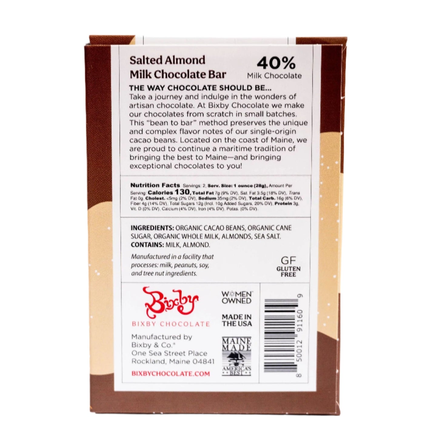 Barra de chocolate con leche, almendras saladas y chocolate