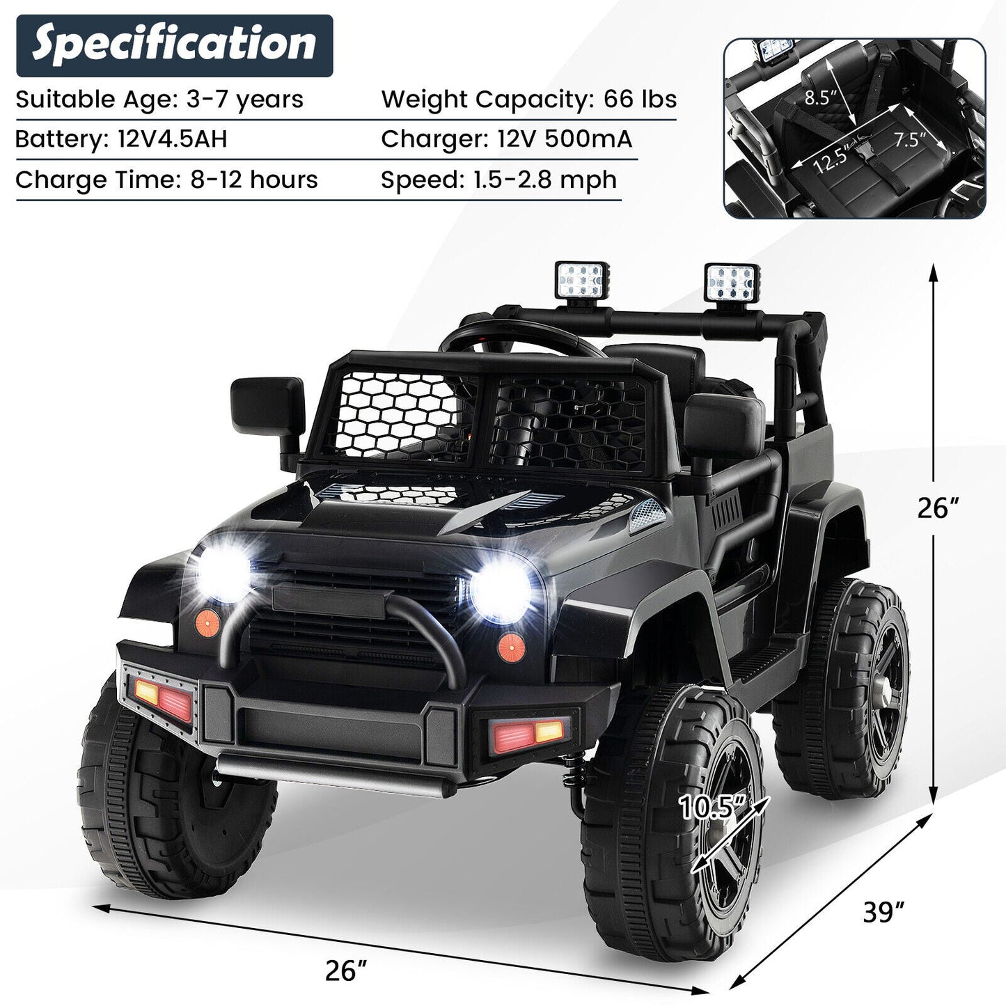 12V Kids Ride On Truck with Remote Control - Black