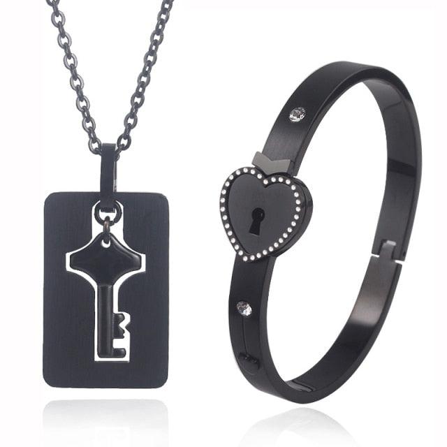 Ensemble de collier et bracelet cœur noir - Bijoux en acier inoxydable