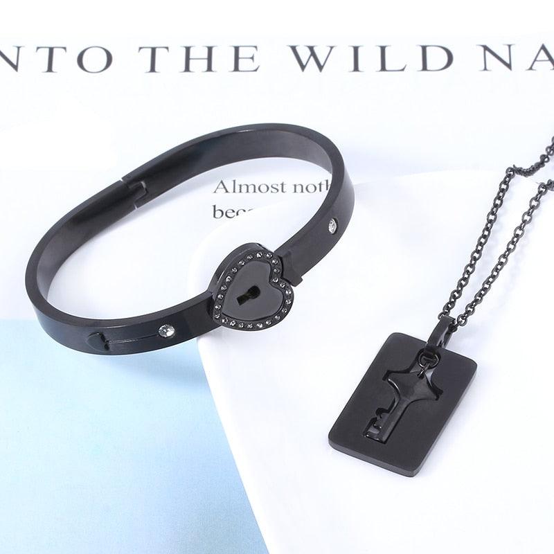 Ensemble de collier et bracelet cœur noir - Bijoux en acier inoxydable