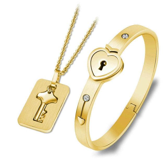 Ensemble de collier et bracelet cœur noir - Bijoux en acier inoxydable