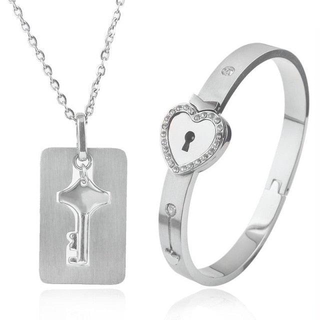 Ensemble de collier et bracelet cœur noir - Bijoux en acier inoxydable