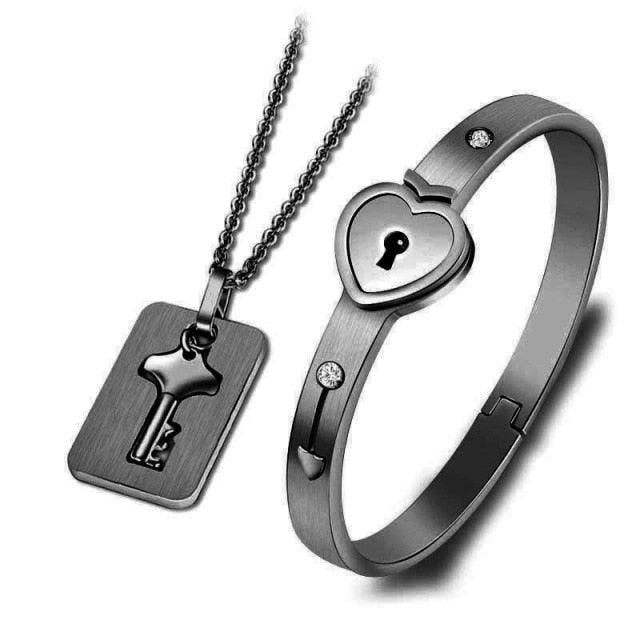 Ensemble de collier et bracelet cœur noir - Bijoux en acier inoxydable