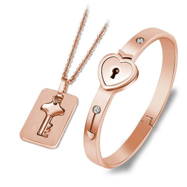 Ensemble de collier et bracelet cœur noir - Bijoux en acier inoxydable