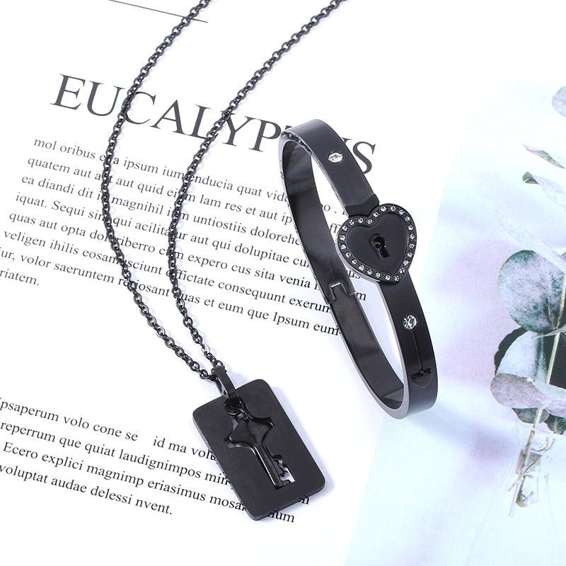 Ensemble de collier et bracelet cœur noir - Bijoux en acier inoxydable