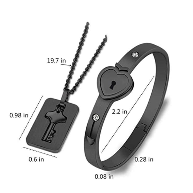 Ensemble de collier et bracelet cœur noir - Bijoux en acier inoxydable