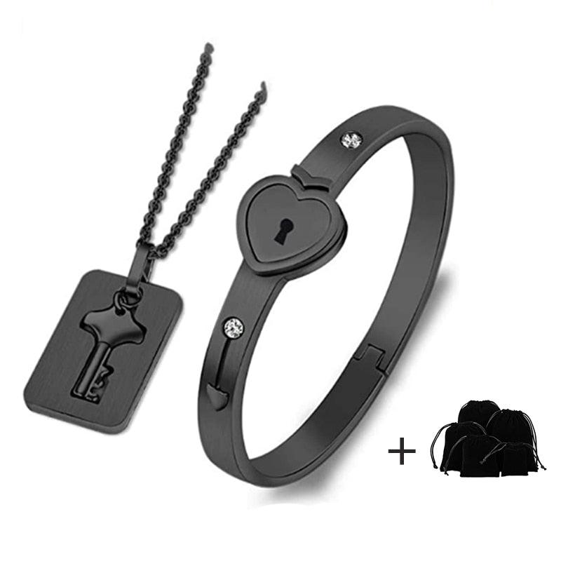 Ensemble de collier et bracelet cœur noir - Bijoux en acier inoxydable