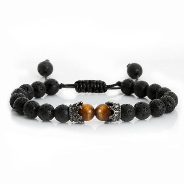 Bracelet en Pierre de Lave Noire avec Charme Couronne pour Couples