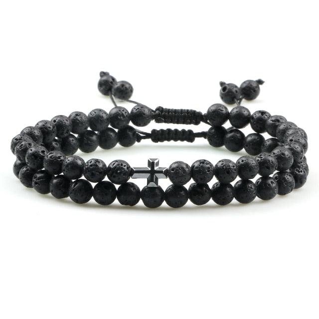 Bracelet en Pierre de Lave Noire avec Charme Couronne pour Couples